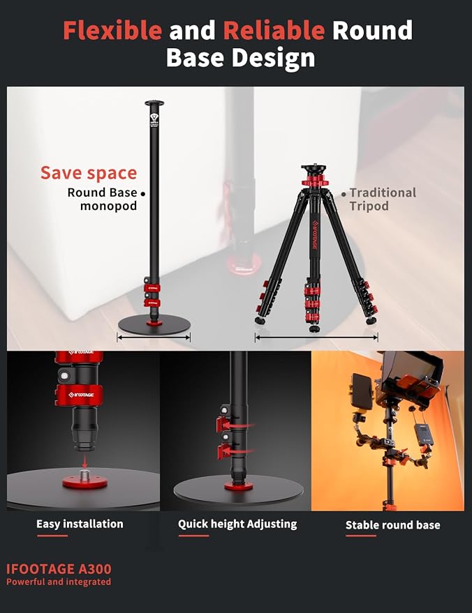 IFOOTAGE A300 Round Base Monopod 60" Camera Tripod Stand | Studio Stand with Light Adapter 1/4" & 3/8" Screw for Camera Light Webcam Live Streaming Vlogging, Payload 10KG/22LB - Image 3