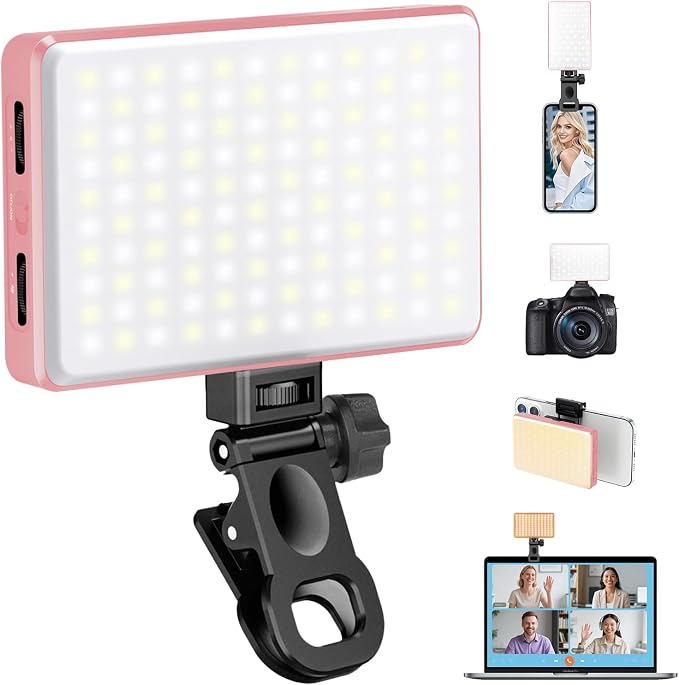 168 LED Selfie Light for iPhone, Phone Light, 3000mah Rechargeable Picture Light Clip Portable Lights for Phone, Camera, Laptop, iPad, 3 Lights Modes for Makeup, Video Conference, TikTok, Vlog (Pink) by Auriani