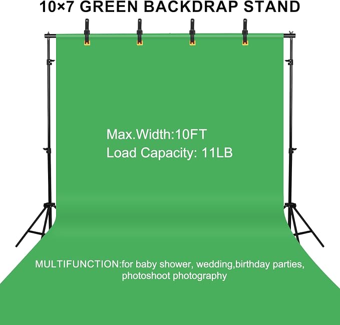 10x7ft Adjustable Photography Backdrop Stand Kit – Photo Studio Background Support with 4 Crossbars, 4 Clamps, 2 Sandbags (with 9 * 6 Feet Green Backdrop Curtain) - Image 2