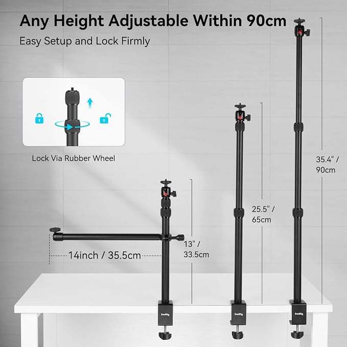 SMALLRIG Camera Desk Mount Table Stand, 13"-35.4" Adjustable Light Stand | Tabletop C Clamp with 1/4"-20 Screw Ball Head for DSLR Camera, Ring Light, Live Streaming, Photo Video Shooting - 3992 - Image 3