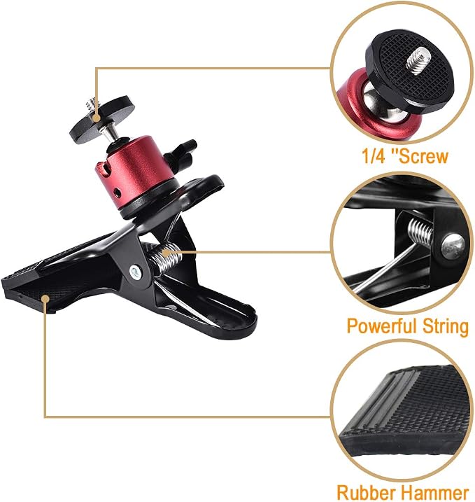 UTEBIT Tripod Camera Clip Clamp, with 360° Swivel Mini Ball Head, Black&Red | 2 Pack Clip Camera Mount Photography Accessories with 1/4'' Screw, Black Spring Clamp for DSLR Video Photoshoot Studio - Image 2