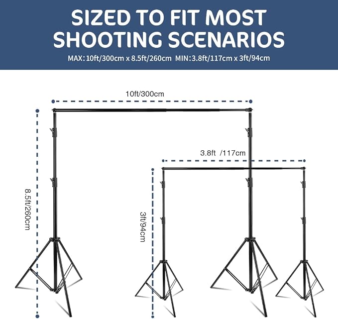 Kate Backdrop Stand Kit for Photography, Heavy Duty Photo Background Stand | 10x8.5ft(WxH) Adjustable Backdrop Stand with 8 Clamps and 2 Sandbags, Back Drop Support System Stand for Parties, Studio - Image 3