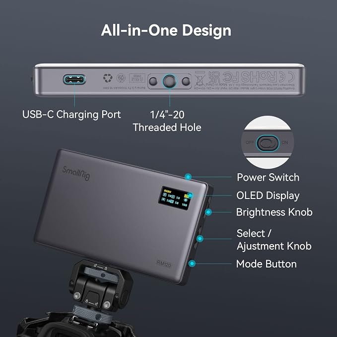 SmallRig RM120 RGB Video Light, 5000mAh 180 Minutes Portable Camera Light 7W Output Power, LED Video Light Panel, 2500-8500K CRI TLCI 98+ for TikTok, Content Creator, Photographer - Image 3