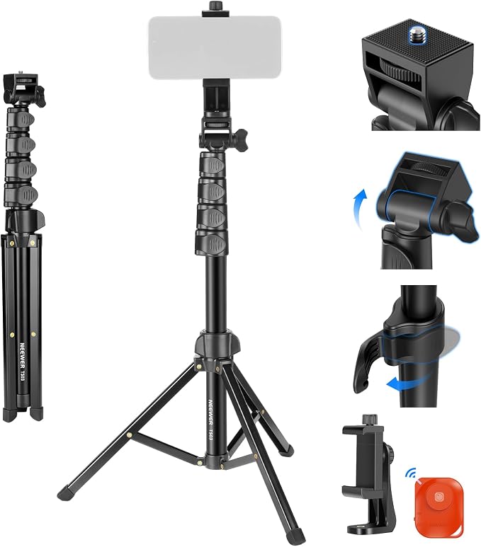 NEEWER Basic Phone Tripod for iPhone & Camera w/Remote & Phone Holder, 66" Metal Selfie Stick Travel Vlog Cell Phone Stand, Portable Camera Cellphone Holder Mount for Video Recording Filming, TS03 by Neewer