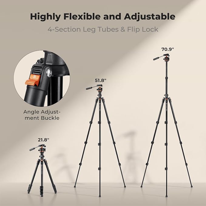 K&F CONCEPT 71" Aluminum Compact Camera Tripod | Portable Travel Tripod for iPhone, 17.6lb Arca Swiss Ball Head for DSLR/Mirrorless, O234A3+BH-36 - Image 5