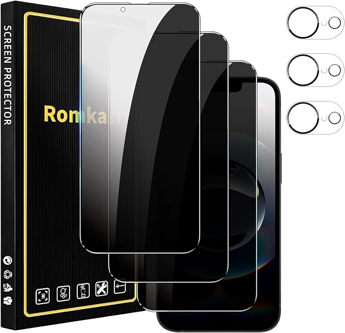Romkasi 3 Pack Privacy Screen Protector for iPhone 17e 6.3 Inch with 3 Pack Camera Lens Protector, Anti Spy Tempered Glass Film, Anti-Scratch, Touch Sensitive, Case Friendly by Unknown