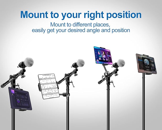 elitehood Aluminum iPad Holder for Mic Stand, Side Mount iPad Music Stand | 360° Swivel Tilt Adjustable Tablet Holder for Microphone Stand, Heavy Duty iPad Clip Attachment for 4-13in Tablets, Black - Image 2