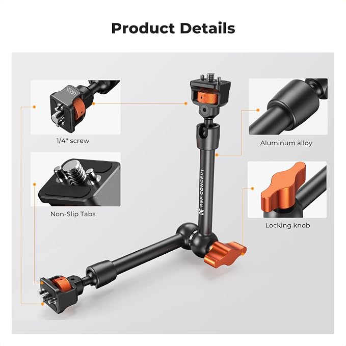 K&F CONCEPT 11" Magic Arm with ARRI 1/4" Screw 360° Ball Heads | Articulating Friction Camera Arm Mount for Monitor, LED Light, Webcam, Microphone, Camera Cage, MS33 - Image 2
