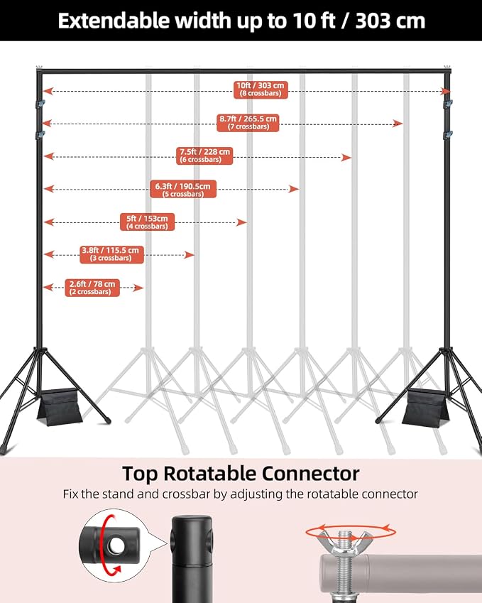 Hemmotop Adjustable Backdrop Stand 10x8.5ft Heavy Duty | With 2 Sandbags, 7 Widths, Assembles to T-Shaped Stand, for Banner, Projector Screen, Balloon, Ideal for Wedding, Birthday - Image 3