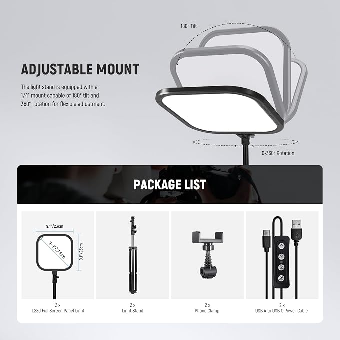 NEEWER Basics 2 Pack 15W 10.8" LED Video Light Panel Lighting Kit with 63" Tripod Stands, Edge Lit Bi Color Dimmable Studio Light 816lux CRI95+ for Photography Filming Recording Streaming, L220 - Image 7