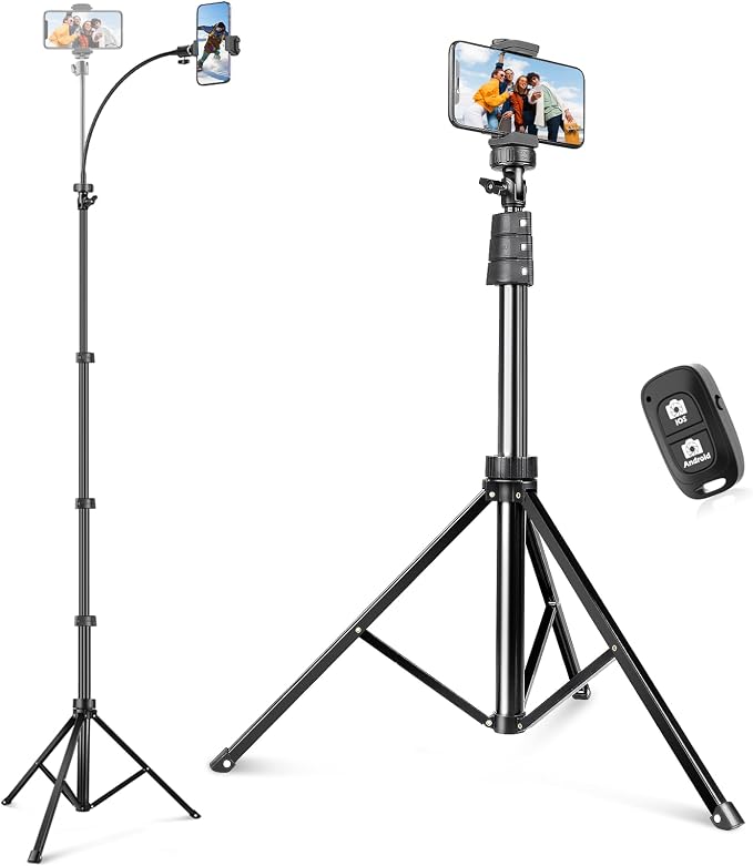 Sensyne 88" Phone Tripod, Selfie Stick Tripod with 14.95" Flexible Gooseneck, Overhead Cell Phone Stand for Video Recording, Photography, Compatible with Phone, Camera by sensyne
