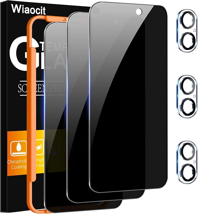Wiaocit Tempered Glass Privacy Screen Protector for iPhone 16 Plus | 3+3 Pack, 9H Hardness, Camera Lens Protector, Installation Frame, Bubble Free, Case Friendly by Wiaocit