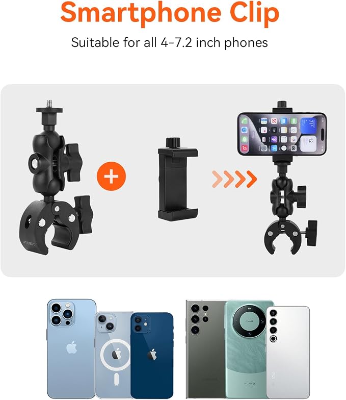 360° Dual Rotating Ball Head Handlebar Mount, Non‑Slip Support Clamp | Bike Bicycle Handlebar Action Camera Mount with 1/4" Screw, for Gopro Insta360 Tripod LED Lights Motorcycle Handlebar, Black - Image 3