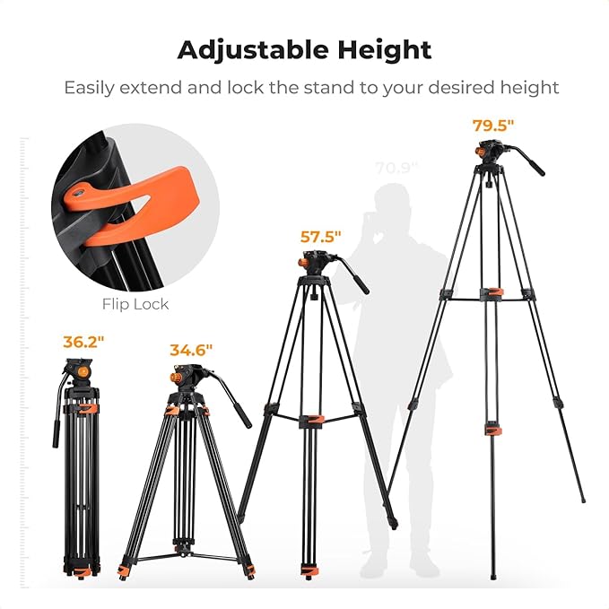 K&F CONCEPT 80" Video Tripod with Fluid Head | Heavy Duty Aluminum Tripod, Smooth Damping, Quick Release Plate for DSLR/Mirrorless/Camcorder, Max Load 17.6lb, VA3+BV70 - Image 2