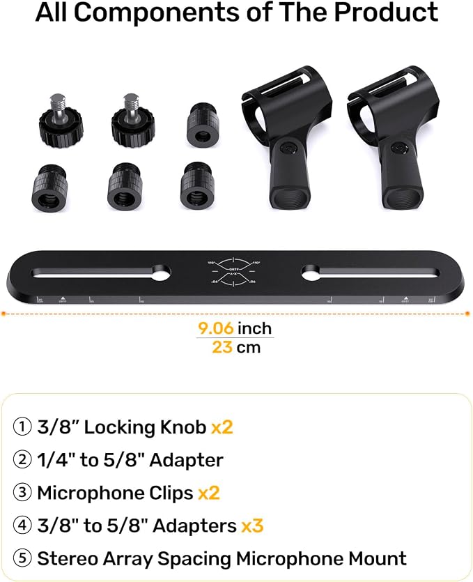 Stereo Array Spacing Mic Bar, Portable Dual Microphone Mount, Precision ORTF XY Stereo Bar, Lightweight Mic Holder for Podcast, Field Recording, 1/4”, 3/8” & 5/8” Thread Adapter Fits Most Mic Stands - Image 9