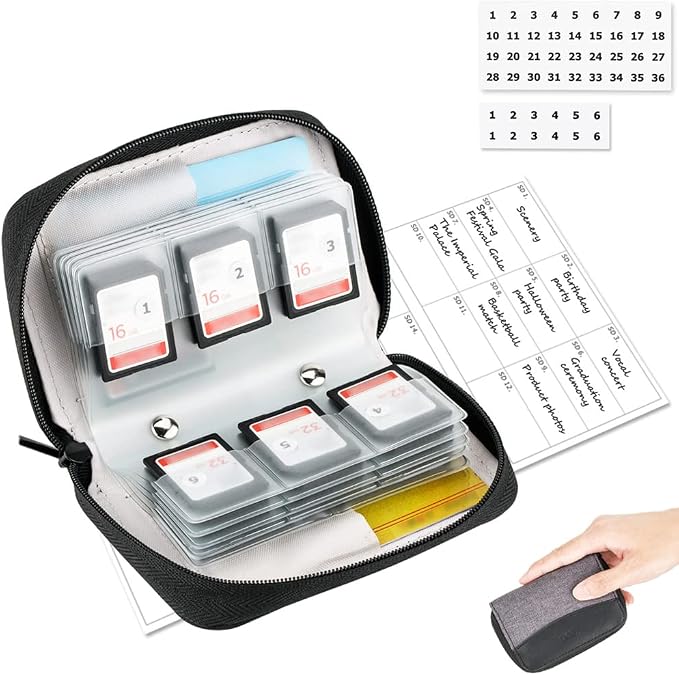 28 Slots SD Card Holder Case with Labels for 24 SD+4 CFB Cards | Holds 24 SD + 4 CF/XQD. Number stickers + notepaper for indexing. Durable polyester. Transparent slots memory Card case. by KIWIFOTOS
