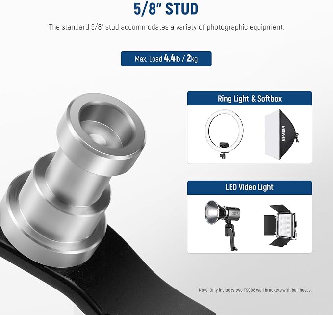 NEEWER 2 Pack T Type Wall Ceiling Mount, Ring Light Wall Mount Bracket with Detachable Ball Head, 5/8" Stud, 1/4" Screw for Flash Strobe Camera Monitor Studio Lighting, Max Load: 4.4lb/2kg, TS008 - Image 5