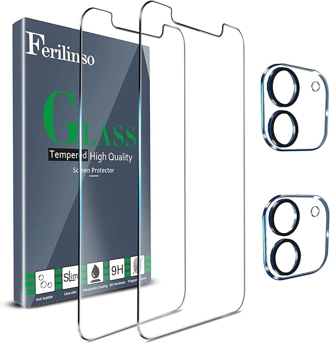 Ferilinso Screen Protector for iPhone 12, Tempered Glass, Case Friendly | 2 Pack, 9H+ Hardness, Military-Grade Shatterproof, HD Clear, Easy Installation Bubble Free, with Camera Lens Protectors by Ferilinso
