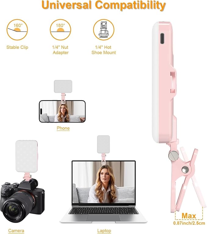 Hagibis LED Camera Light Video Lights Portable Photography Lighting 60 LED 2200mAh Rechargeable Selfie Light 7 Modes, 10-Level Brightness, Portable Clip on Light for Phone/Tablet/Laptop, Pink - Image 4
