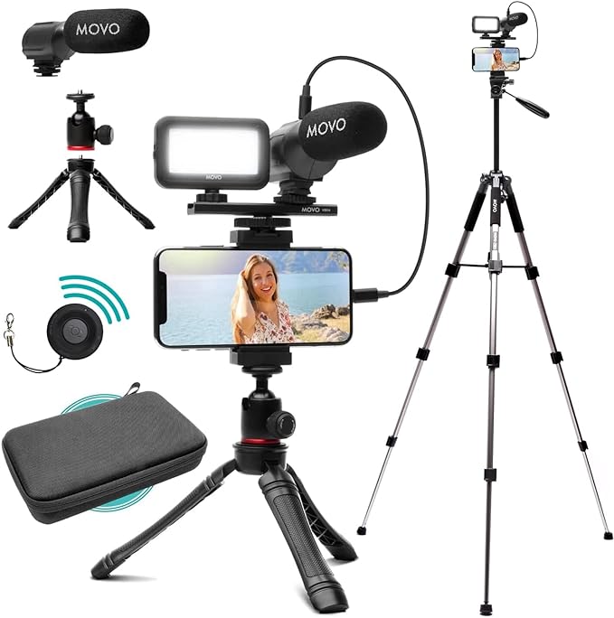 Movo iVlogger Vlogging Kit for iPhone with Fullsize Tripod - Lightning Compatible YouTube Starter Kit for Content Creators - Accessories: Tripods, Phone Mount, LED Light and Shotgun Mic by Movo