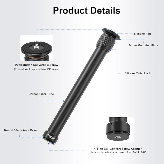 Tripod Extension Rod, Carbon Fiber Tripod Extension Pole with Arca Port, 2 Section Center Columns Monopod Extender Tube, 12.8"-23" Telescopic Stick Rod with 1/4" & 3/8" Screw for Tripod/Gimbal Mount - Image 5
