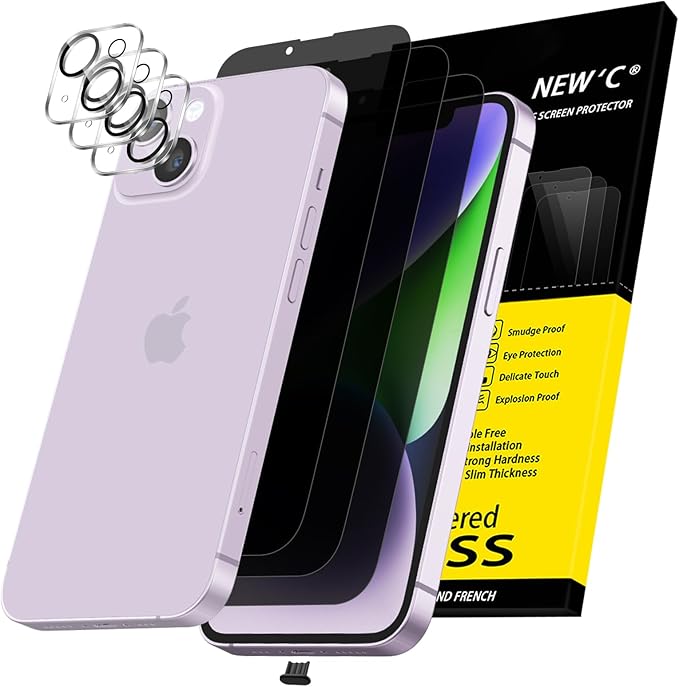 NEW'C 3x Privacy for iPhone 14 Screen Protector (6.1 inches)+ 3x Camera Lens Protector, Sensor Protection, Case Friendly Tempered Glass Film +Dust Plug - Enhanced Privacy Angle of 28 Degrees by NEWC