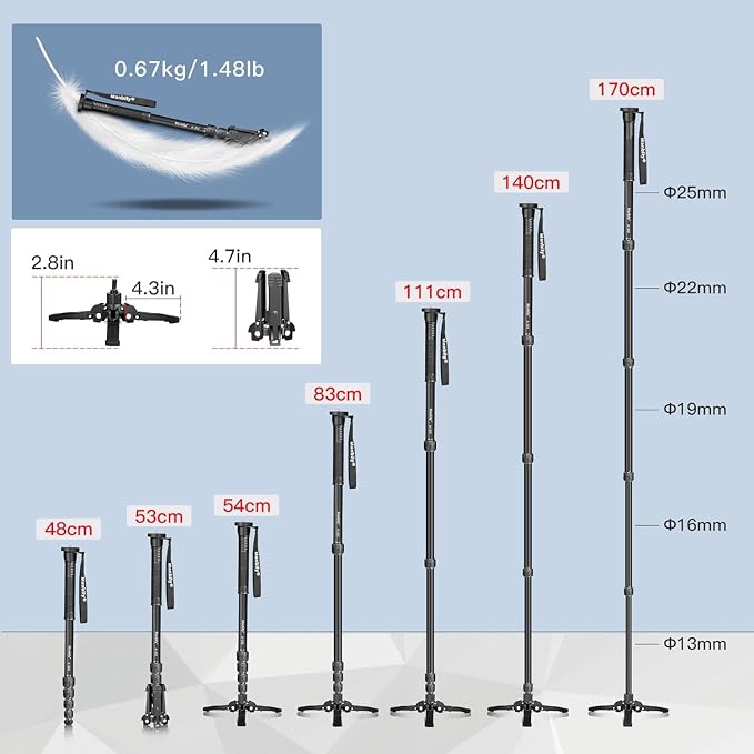 Monopods for Cameras with Feet, 5 Sections, 67'', Max Load 15.43lb, Camera Monopod Extendable Portable Travel Aluminum for DSLR Canon Nikon Sony Video Camcorder (A-222 Grey) - Image 5