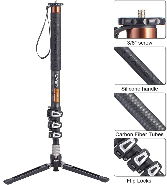 Cayer CF34DV Carbon Fiber Monopod, 68" with Folding Feet for Camera | Carbon Fiber Tube, Folding Feet, 4-Section, 68" Height, Monopod Leg with Feet Only - Image 2