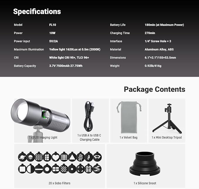 NEEWER Basics FL10 RGB Photography Flashlight w Desk Tripod Stand 4 Colors | 20 Gobo Filters, 7500mAh, 10W, 6300K, CRI95+, Portable LED Spotlight Ambient Sunset Light, Video Recording Studio Lighting - Image 9