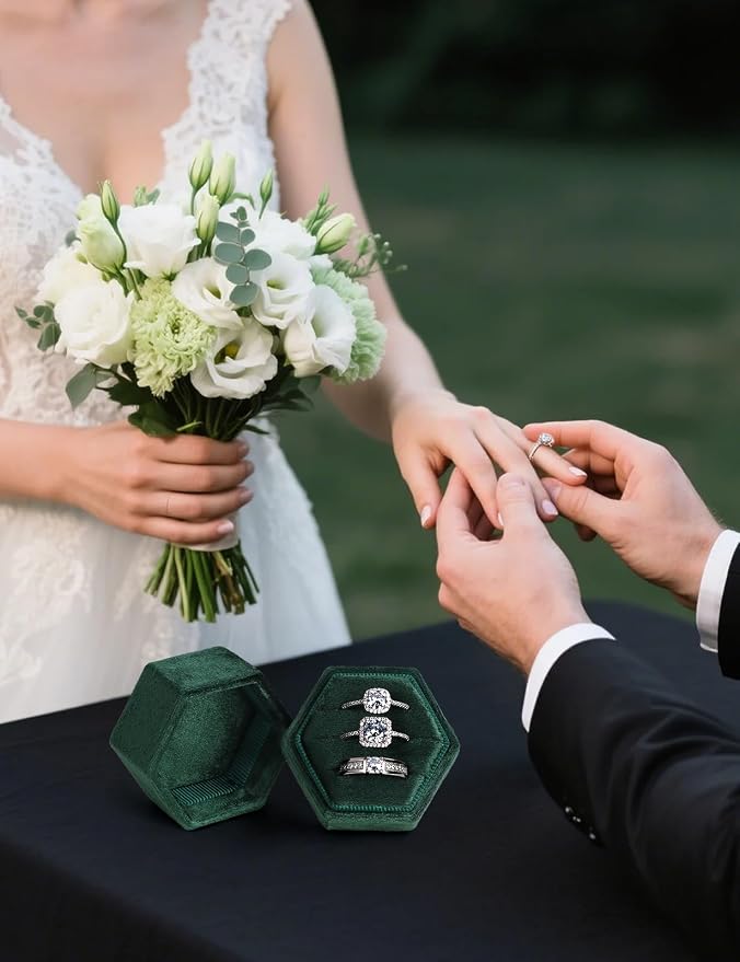MFXIP Velvet 3 Slots Jewelry Ring Box Engagement Wedding Box Keepsake Box Bridal Photo Ring Triple Slots Hexagon - Image 6