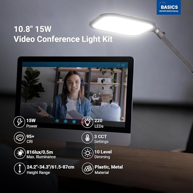 NEEWER Basics 10.8" Video Conference Lighting with Desk Clamp Stand, 15W Bi Color Edge Lit Full Screen Dimmable Streaming Light CRI95+ for Video Recording Computer Laptop Webcam Zoom Calls, L220 - Image 2