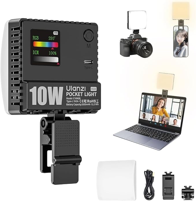 Ulanzi C10 RGB Phone Clip on Video Light,10W CRI≥93 1800K-9000K 3300mAh | Portable Selfie LED Lights, with Cold Shoe Zoom Lighting for iPhone 17 Laptop, Tablet, Camera, Makeup Video Conference Vlog by ulanzi