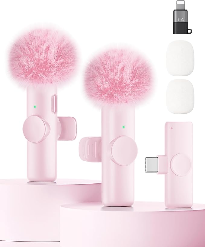 Wireless Microphone for iPhone iPad and Android Phone, 2 Pack Wireless Lavalier Lapel Mic with Noise Reduction, Plug and Play Mini Microphone for Video Recording Interview YouTube TikTok Vlog (Pink) by CZOCPOS