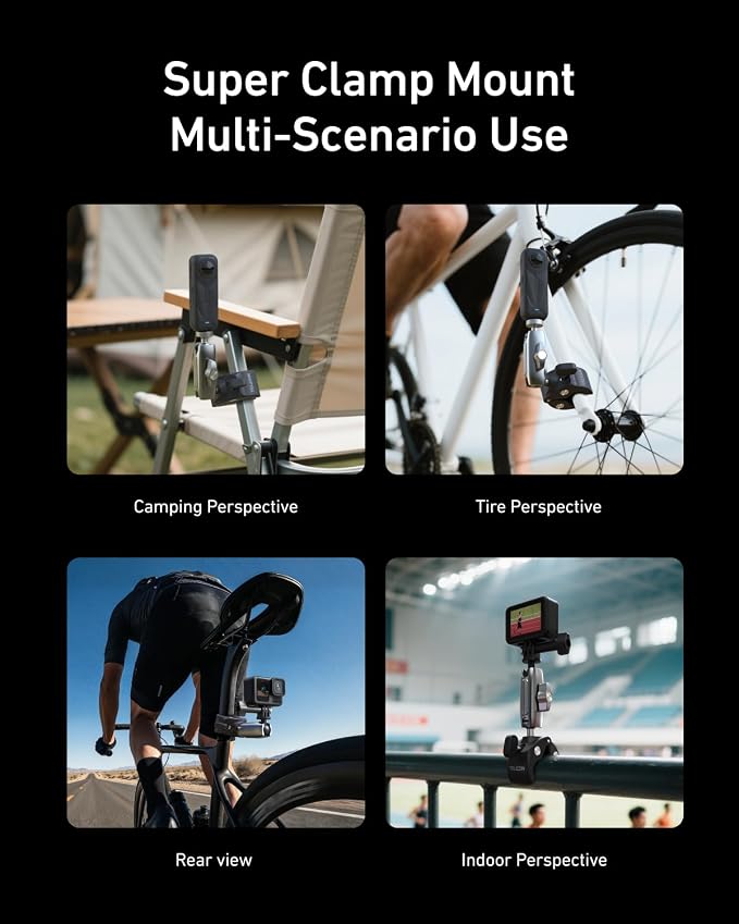 TELESIN Super Clamp Camera Mount with 360° Dual Ball Head, Bike/Bicycle/Motorcycle Handlebar Mount for GoPro Mission 1 PRO/DJI Osmo Pocket 4 3/ DJI Action 6 5 4/ Insta360 Luna Ultra/Xtra Muse Camera - Image 5