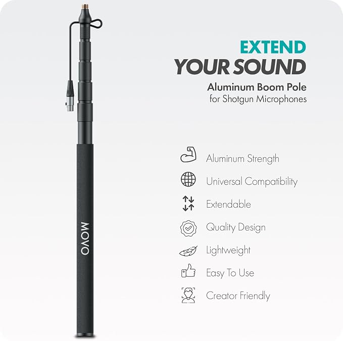 Movo CMP-17C Professional 9.8' Aluminum Boom Pole for Shotgun Microphones with Internal XLR Cable – Compatible with Rode NTG Series, Sennheiser MKE600, Audio-Technica AT875R & More - Image 2