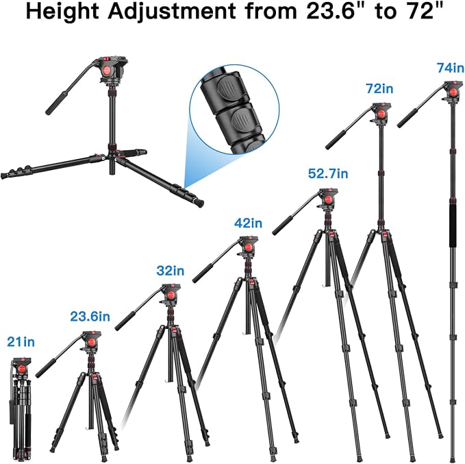 Victiv Video Tripod, 72" Heavy Duty Fluid Head Camera Tripod with Carry Bag | Professional Aluminum Camera Tripod Stand, 2-in-1 Camera Tripods & Monopods, Compatible with Canon, Sony, DSLR, Camcorder - Image 3