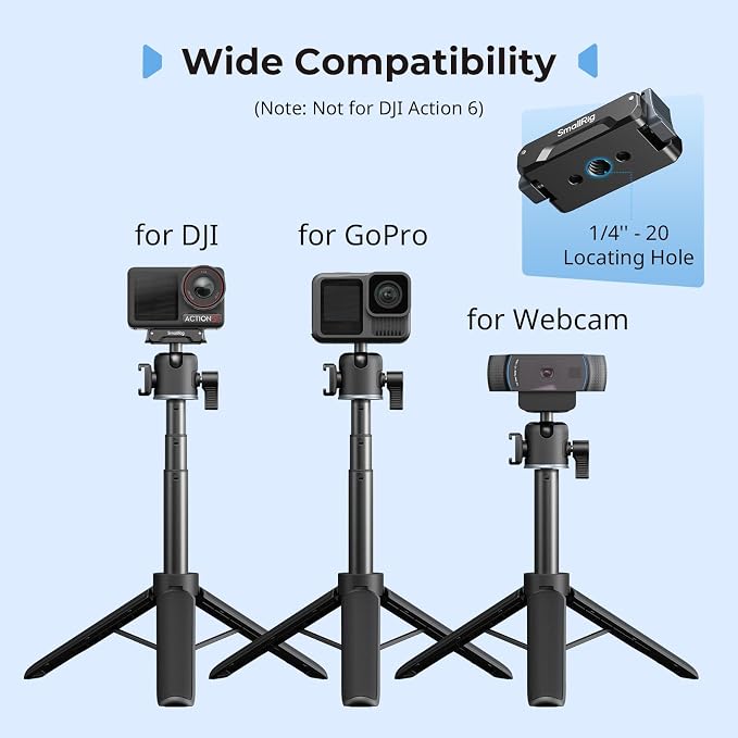 SmallRig 7.8-21.6in Action Cam Selfie Stick Tripod for DJI Action 5 Pro/4/3 | Extendable, 360° Ball Head, Cold Shoe Mount, Detachable Adapter (Not for Action 6), 1/4-20" Screw for Insta360, Webcam - Image 6