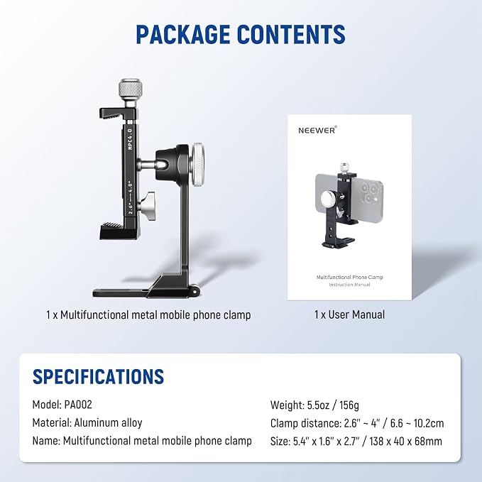 NEEWER Smartphone Tripod Mount Aluminum Alloy, 360° Rotatable Phone Stand | Cellphone Holder Clamp, Cold Shoe, Arca Base, Compatible with iPhone Samsung Galaxy Google Pixel & 2.6"-4" Wide Smartphones - Image 9