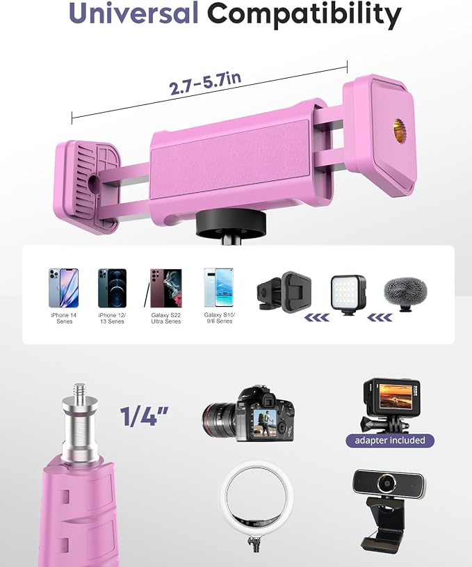Aureday Phone Tripod, 92" Cell Phone Stand with 15" Gooseneck, Remote and Phone Holder, Overhead & Selfie Stick for Recording/Watching/Vlog, Compatible with iPhone Android, Pink - Image 3
