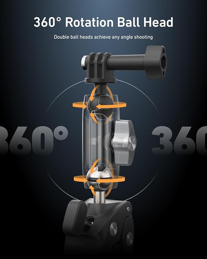 TELESIN Super Clamp Camera Mount with 360° Dual Ball Head, Bike/Bicycle/Motorcycle Handlebar Mount for GoPro Mission 1 PRO/DJI Osmo Pocket 4 3/ DJI Action 6 5 4/ Insta360 Luna Ultra/Xtra Muse Camera - Image 3
