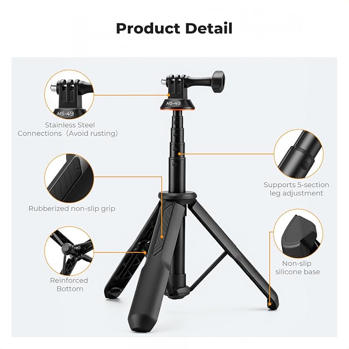 K&F CONCEPT 58.5cm/23inch Portable Adjustable Stand Selfie Stick Tripod | Portable Vlog Handle Grip Action Camera Selfie Stick for GoPro Hero 13/12/11/10/9/8/Max, DJI Osmo Action 6/5/4/3/2/1 - Image 3