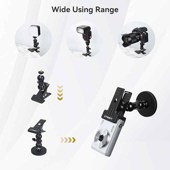 UTEBIT Dual Ball Head Cameras Clip for GoPro, with 1/4'' Swivel Mount | 66mm Strong Magnetic Base with 360° Dual Ball Heads for Studio Backdrops, Video Lights, Photography Accessories Clamp, Black - Image 6