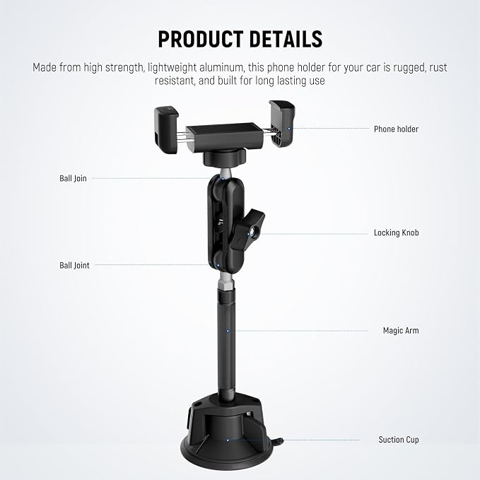 NEEWER Phone Holder for Your Car, 360° Rotating Vacuum Suction Cup Metal Cell Phone Mount Extended Magic Arm Compatible with iPhone Samsung for Windshield Skylight Navigation Video Recording, PA137 - Image 5