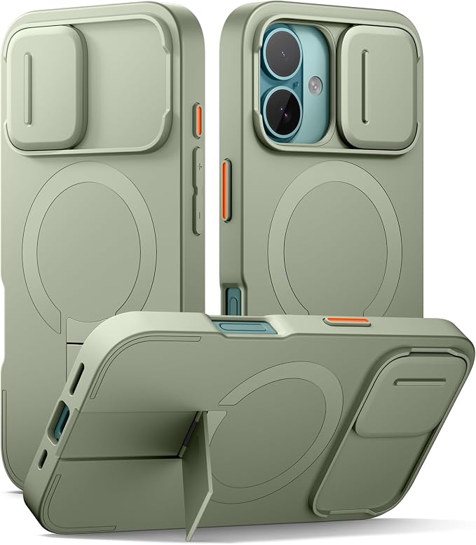 SURITCH for iPhone 16 Case with Magnetic Camera Slide Cover and Adjustable Kickstand, Compatible with MagSafe, Shockproof Bumper Case Slim Protective Cover 6.1 Inch, Green by SURITCH