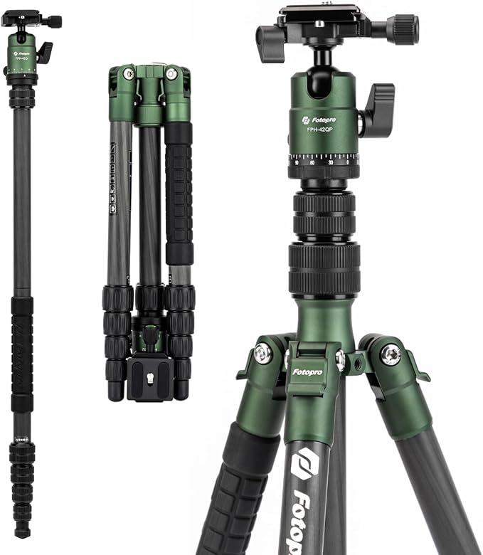Fotopro 60" Carbon Fiber Camera Travel Tripod, 2lbs Super Lightweight Compact Tripod with 360° Metal Ball Head, Detachable Monopod, with Arca QR Plate & Bag, Load up to 8KG/17.63lbs, for SLR DSLR by Fotopro