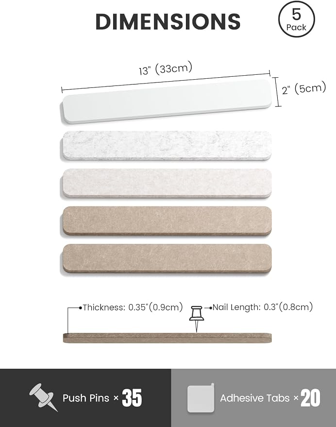 Fluxynara 13" x 2" Felt Wall Panels, Stone Beige | 5-Pack Includes 35 Push Pins and Adhesive Tabs for Photos, Notes and Decor in Bedroom Doors, Home Office or Studios - Image 2