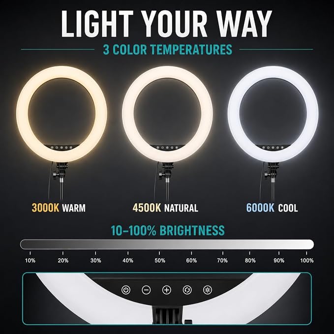 18-Inch Ring Light Kit, 55W, CRI 95, 70-Inch Tripod Stand | 3000K–6000K stepless dimming with touch and remote control for makeup, video recording, streaming and photography. - Image 3