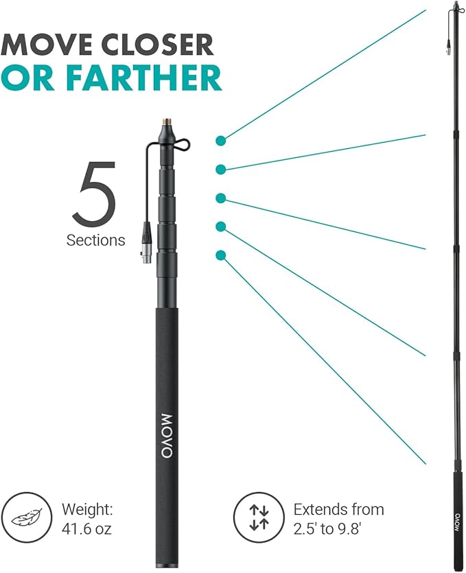 Movo Boom Mic Kit for Filmmaking – Supercardioid Shotgun Microphone, 9.8ft Boom Pole, Blimp Windscreen & Deadcat – Complete Location Sound Bundle - Image 5