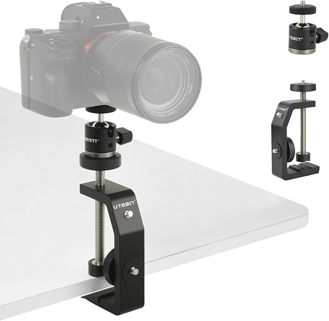 UTEBIT Super Clamp Mount with Mini Ball Head Mount, Black (90mm) | 1/4" Screw Hot Shoe Mount Adapter Camera Clamp Mount for Desk, Bicycle Gopro Clamp Mount Compatible for DJI Action 2/Insta360 - Image 7