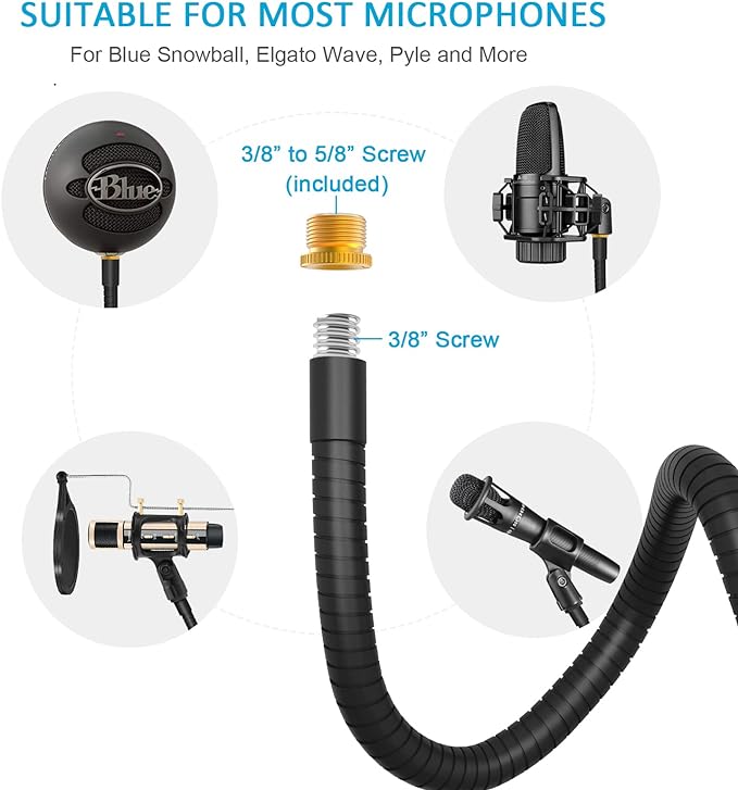 ZealSound Microphone Stand Gooseneck 13”, Flexible Clamp-On Desktop Mic Stand with 360° Adjustable Arm, 3/8" to 5/8" Adapter, Heavy-Duty Desk Mount, for Podcasting, Streaming, Podium & Public Speaking - Image 3